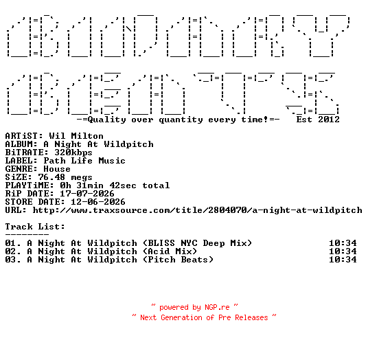 NFO for the release Wil_Milton-A_Night_At_Wildpitch-(PLM116)-WEB-2026-BB by BB