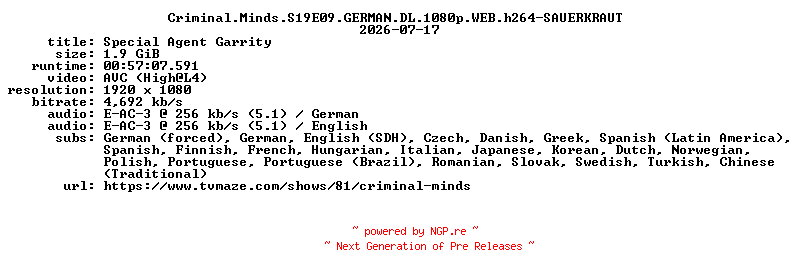 NFO for the release Criminal.Minds.S19E09.GERMAN.DL.1080p.WEB.h264-SAUERKRAUT by SAUERKRAUT