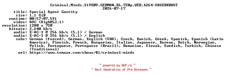 NFO for the release Criminal.Minds.S19E09.GERMAN.DL.720p.WEB.h264-SAUERKRAUT by SAUERKRAUT