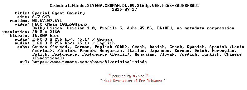 NFO for the release Criminal.Minds.S19E09.GERMAN.DL.DV.2160p.WEB.h265-SAUERKRAUT by SAUERKRAUT