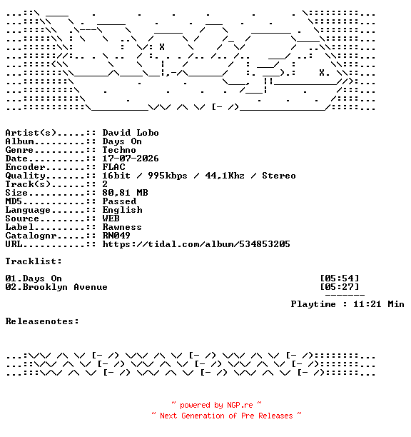 NFO for the release David_Lobo-Days_On-RN049-16BIT-WEB-FLAC-2026-WAVED by WAVED