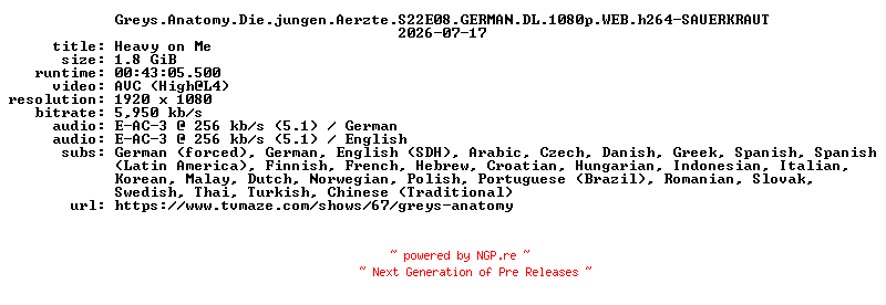 NFO for the release Greys.Anatomy.Die.jungen.Aerzte.S22E08.GERMAN.DL.1080p.WEB.h264-SAUERKRAUT by SAUERKRAUT