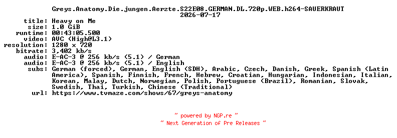 NFO for the release Greys.Anatomy.Die.jungen.Aerzte.S22E08.GERMAN.DL.720p.WEB.h264-SAUERKRAUT by SAUERKRAUT