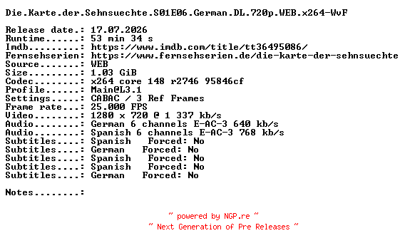 NFO for the release Die.Karte.der.Sehnsuechte.S01E06.German.DL.720p.WEB.x264-WvF by WvF