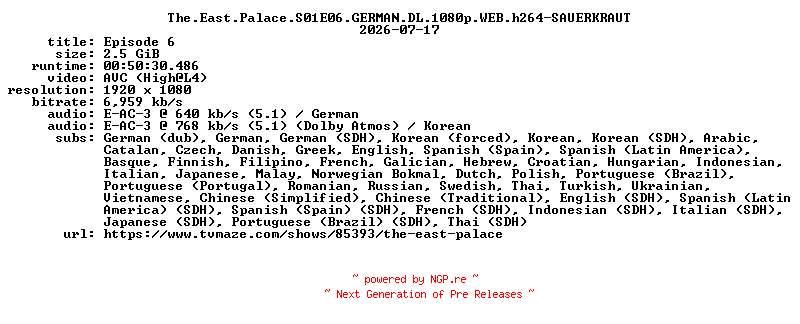 NFO for the release The.East.Palace.S01E06.GERMAN.DL.1080p.WEB.h264-SAUERKRAUT by SAUERKRAUT