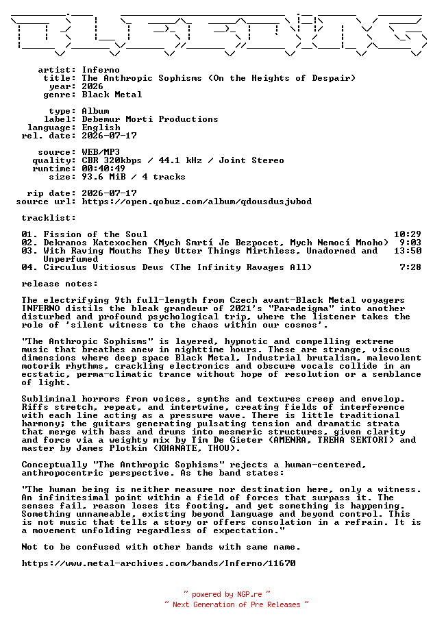 NFO for the release Inferno-The_Anthropic_Sophisms_(On_the_Heights_of_Despair)-WEB-2026-BLEEDiNG by BLEEDiNG