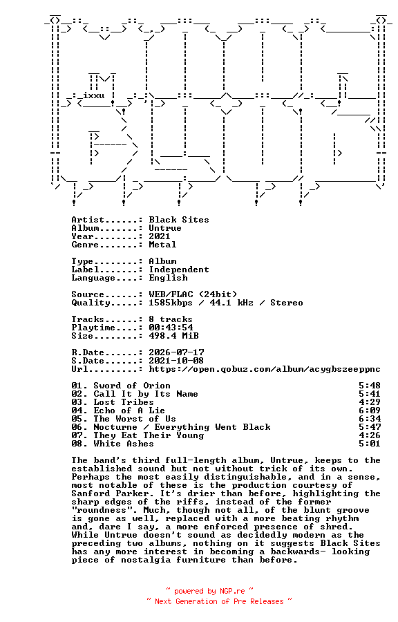 NFO for the release Black_Sites-Untrue-24BIT-WEB-FLAC-2021-MOONBLOOD by MOONBLOOD