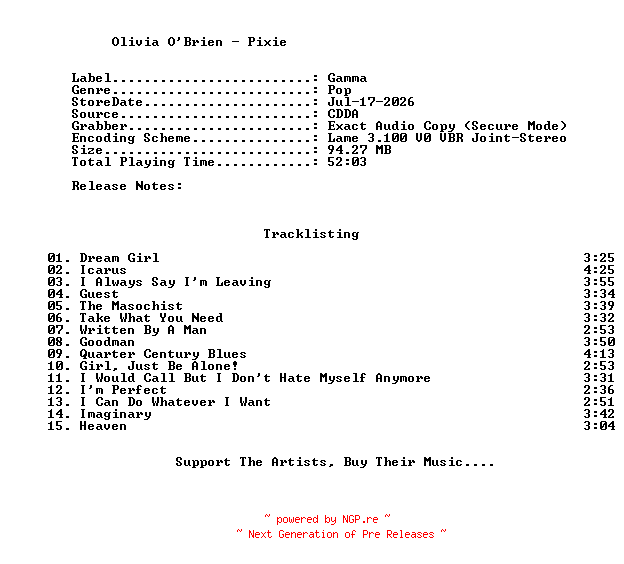 NFO for the release Olivia_OBrien-Pixie-2026-C4 by C4