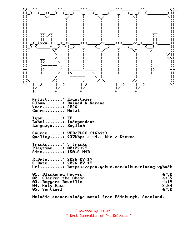 NFO for the release Exdestrier-Ruined_and_Serene-EP-16BIT-WEB-FLAC-2026-MOONBLOOD by MOONBLOOD