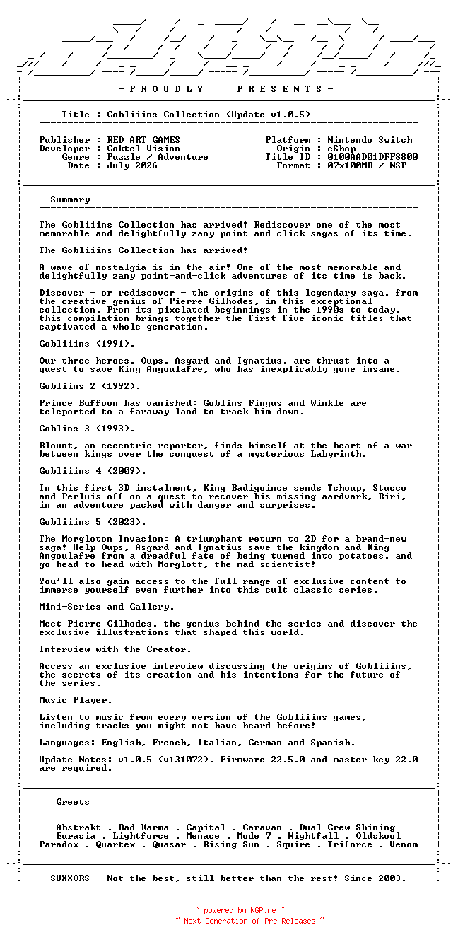 NFO for the release Gobliiins_Collection_Update_v1.0.5_NSW-SUXXORS by SUXXORS