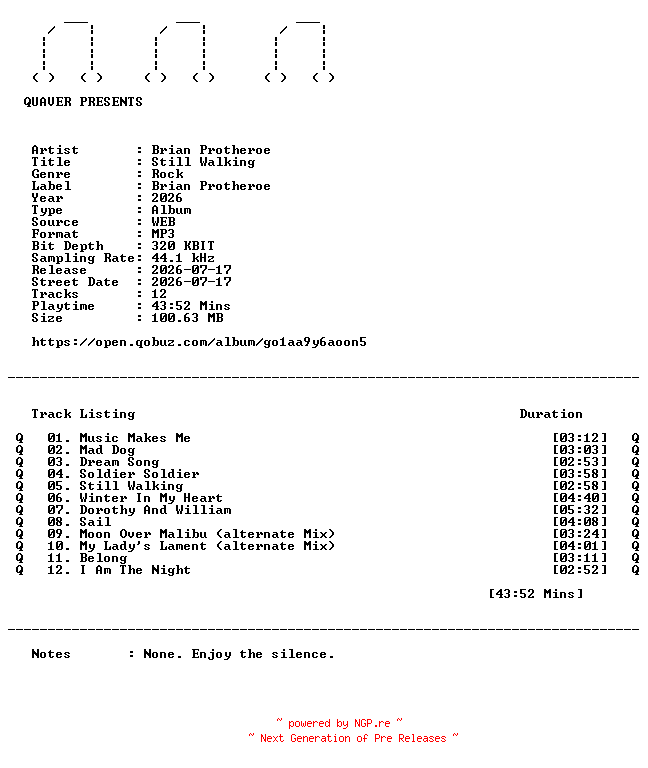 NFO for the release Brian_Protheroe-Still_Walking-WEB-2026-QUAVER by QUAVER