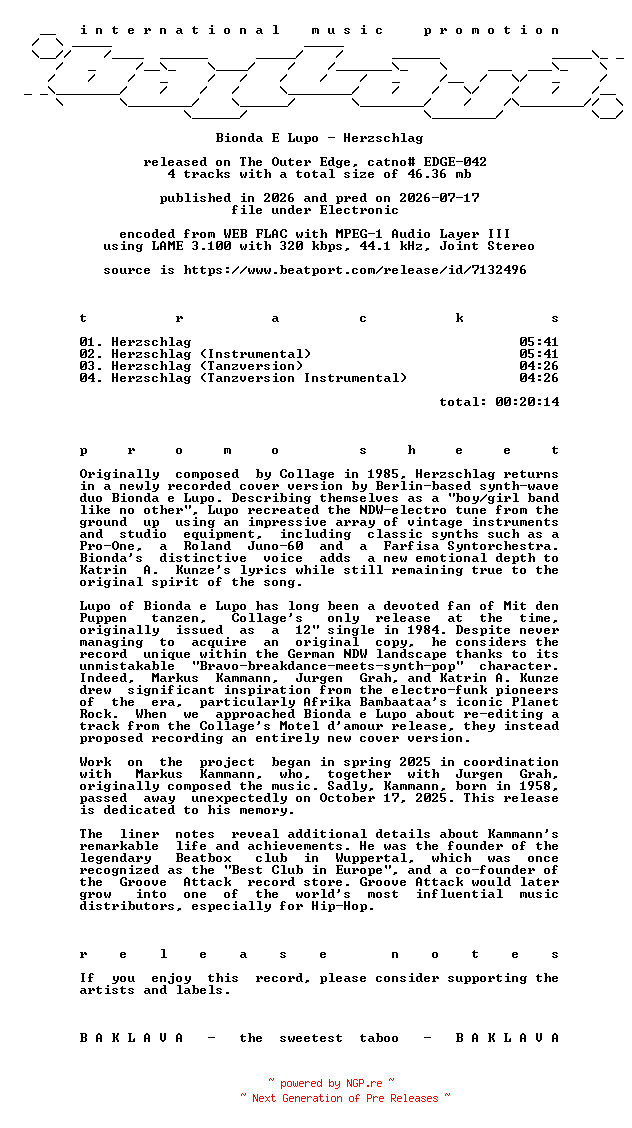 NFO for the release Bionda_E_Lupo-Herzschlag-(EDGE-042)-WEB-2026-BAKLAVA by BAKLAVA