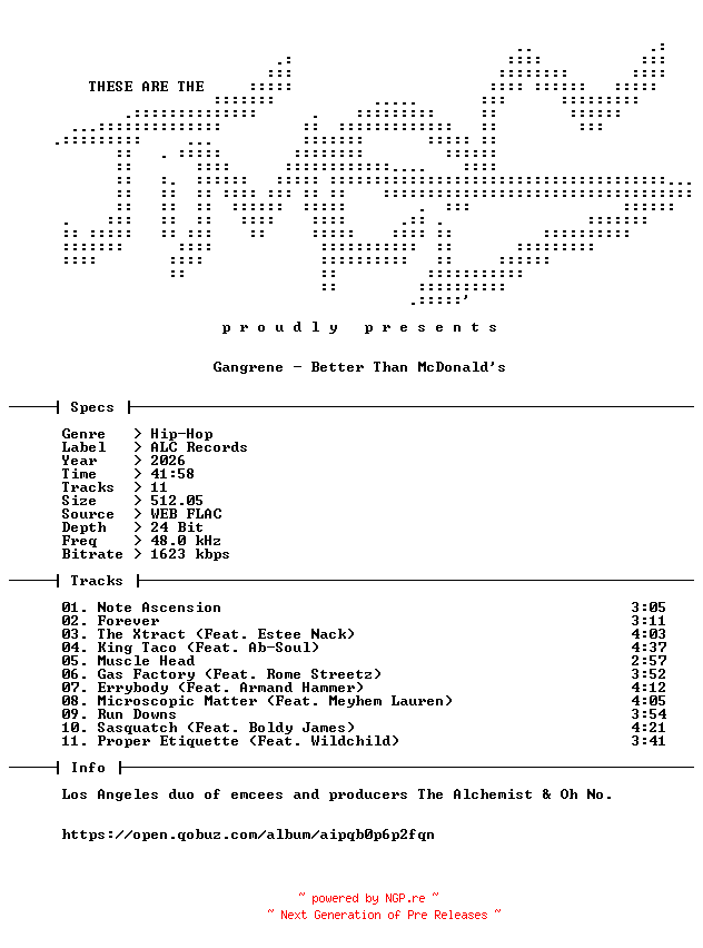 NFO for the release Gangrene-Better_Than_Mcdonalds-24BIT-WEB-FLAC-2026-TiMES by TiMES