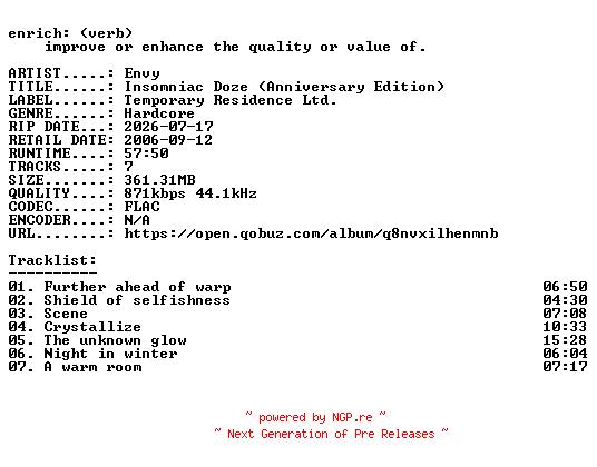 NFO for the release Envy-Insomniac_Doze_(Anniversary_Edition)-16BIT-WEB-FLAC-2026-ENRiCH by ENRiCH