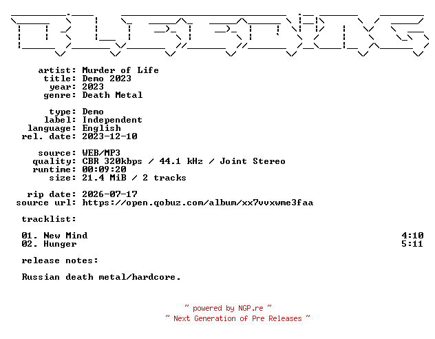 NFO for the release Murder_of_Life-Demo_2023-Demo-WEB-2023-BLEEDiNG by BLEEDiNG