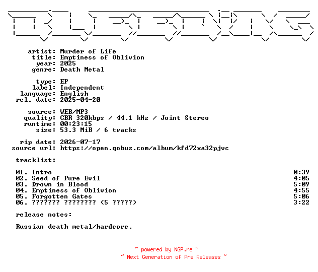 NFO for the release Murder_of_Life-Emptiness_of_Oblivion-EP-WEB-2025-BLEEDiNG by BLEEDiNG