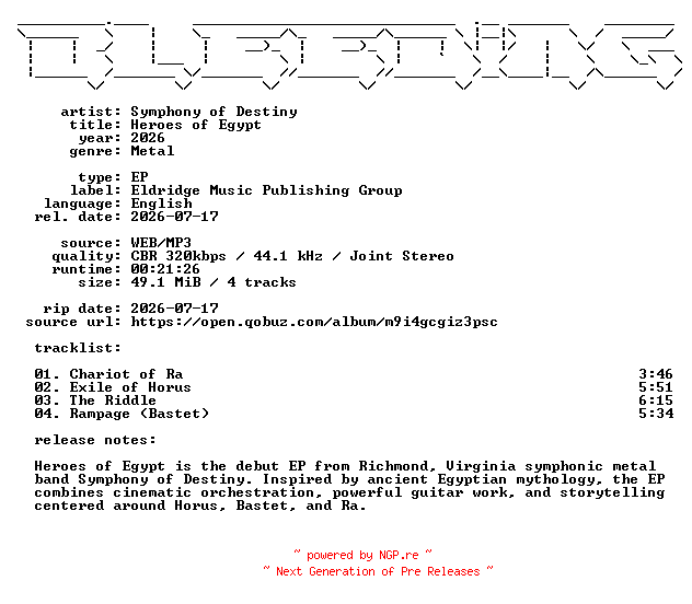 NFO for the release Symphony_of_Destiny-Heroes_of_Egypt-EP-WEB-2026-BLEEDiNG by BLEEDiNG