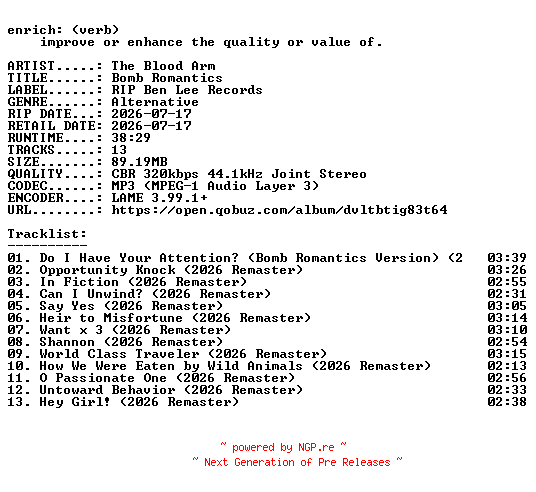 NFO for the release The_Blood_Arm-Bomb_Romantics-REMASTERED-WEB-2026-ENRiCH by ENRiCH