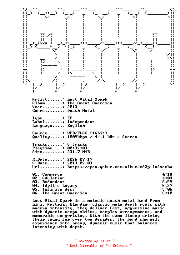 NFO for the release Lost_Vital_Spark-The_Great_Coercion-EP-16BIT-WEB-FLAC-2013-MOONBLOOD by MOONBLOOD