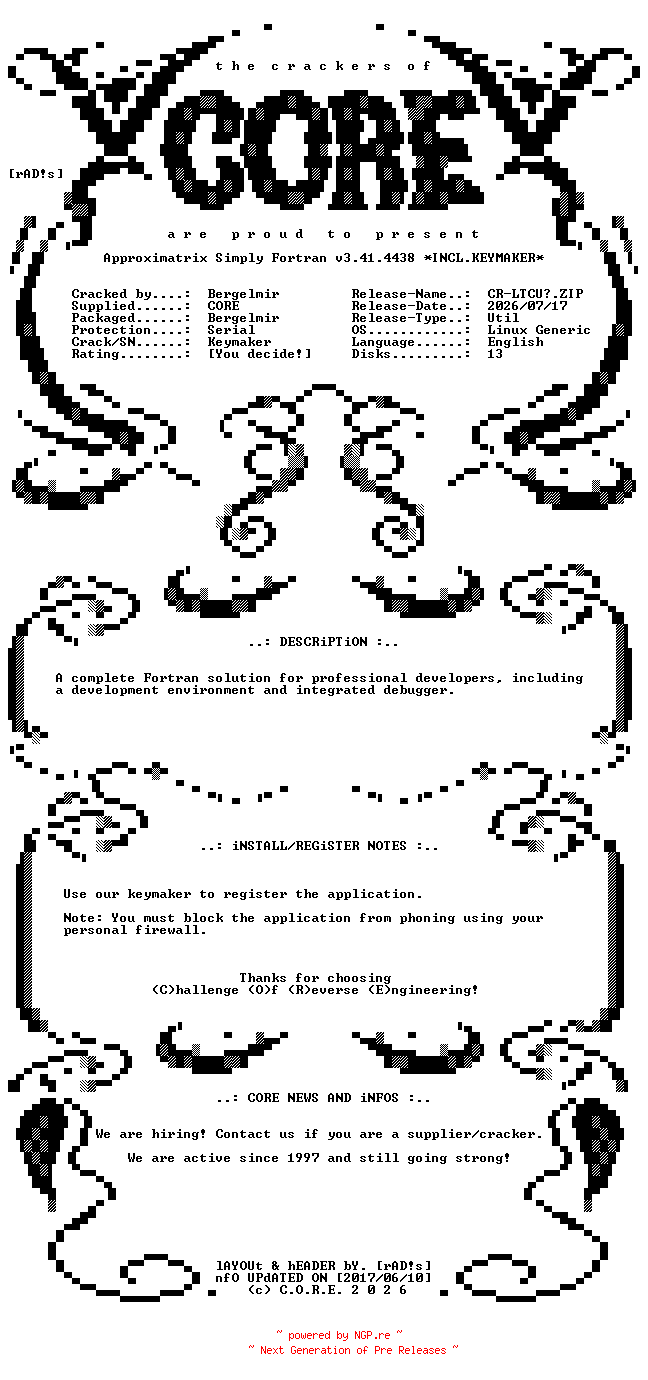 NFO for the release Approximatrix.Simply.Fortran.v3.41.4438.Linux.Generic.ARM64.Incl.Keymaker-CORE by CORE