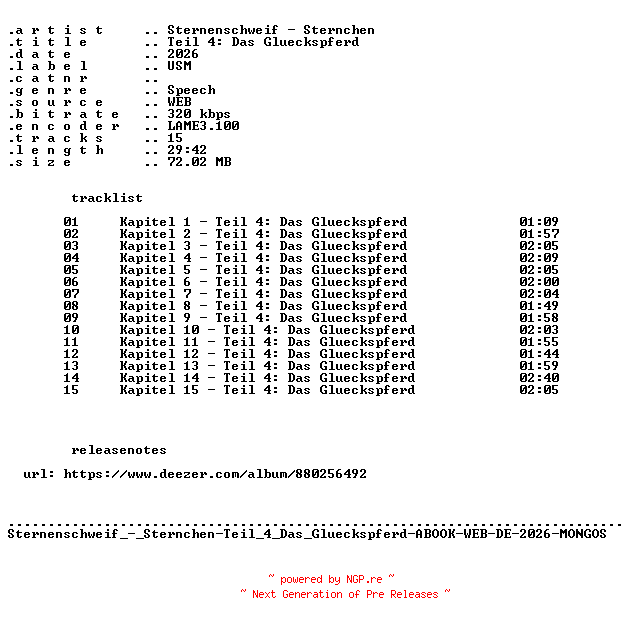 NFO for the release Sternenschweif_-_Sternchen-Teil_4_Das_Glueckspferd-ABOOK-WEB-DE-2026-MONGOS by MONGOS