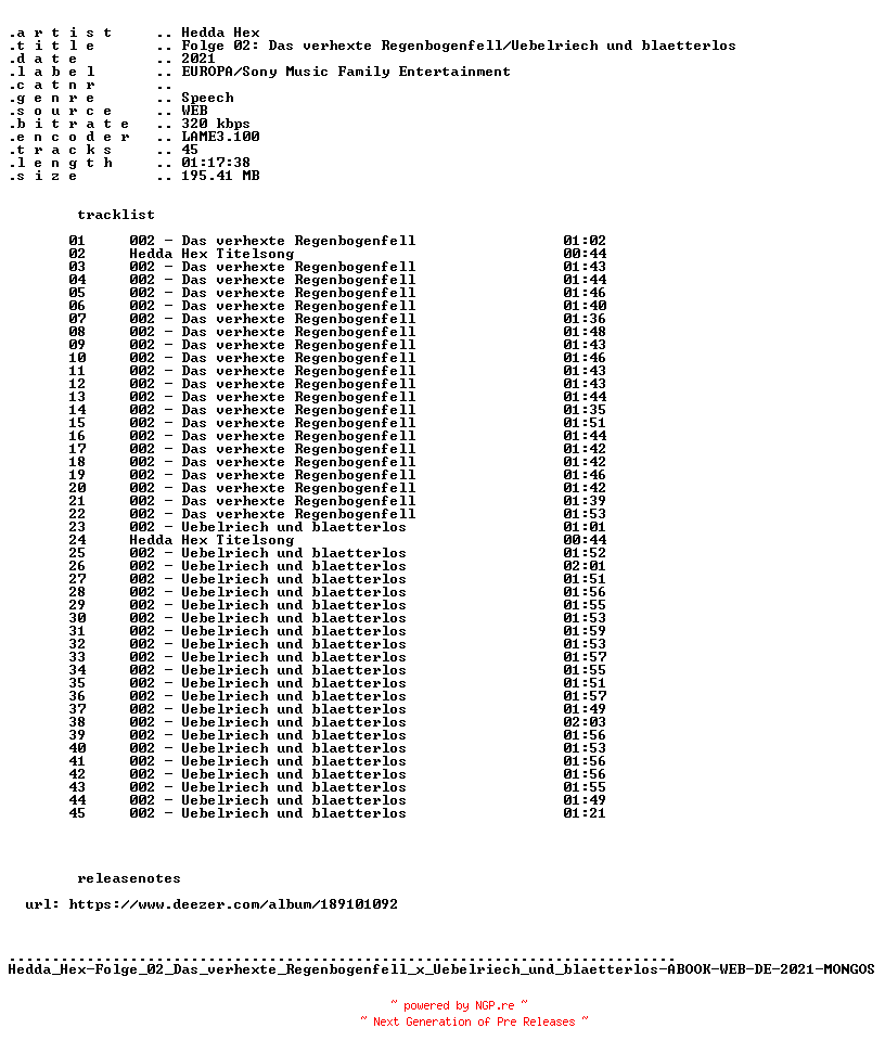 NFO for the release Hedda_Hex-Folge_02_Das_verhexte_Regenbogenfell_x_Uebelriech_und_blaetterlos-ABOOK-WEB-DE-2021-MONGOS by MONGOS