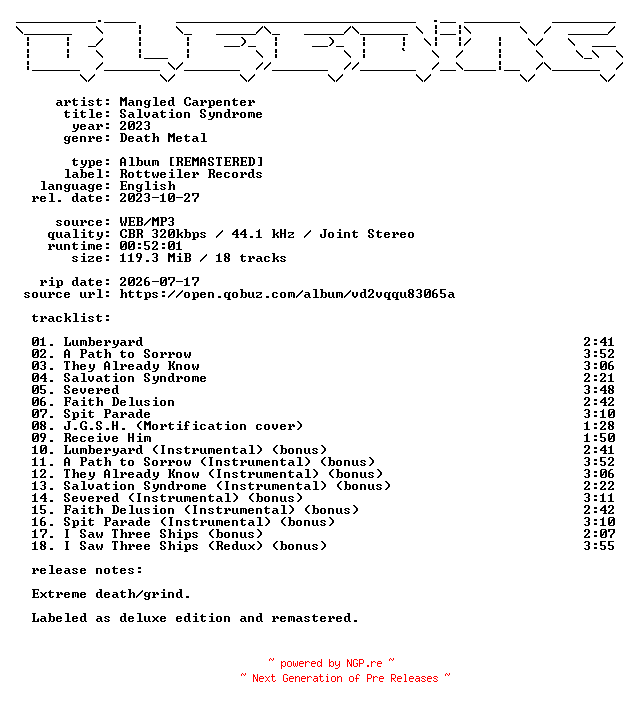 NFO for the release Mangled_Carpenter-Salvation_Syndrome-Remastered-WEB-2023-BLEEDiNG by BLEEDiNG
