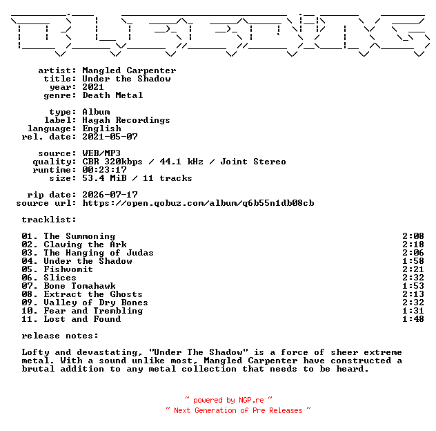 NFO for the release Mangled_Carpenter-Under_the_Shadow-WEB-2021-BLEEDiNG by BLEEDiNG