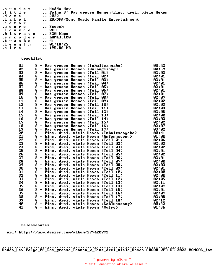 NFO for the release Hedda_Hex-Folge_08_Das_grosse_Rennen_x_Eins_drei_viele_Hexen-ABOOK-WEB-DE-2022-MONGOS_int by MONGOS_int