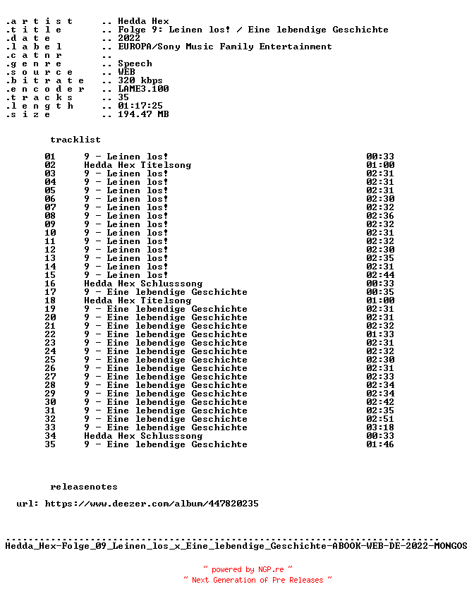 NFO for the release Hedda_Hex-Folge_09_Leinen_los_x_Eine_lebendige_Geschichte-ABOOK-WEB-DE-2022-MONGOS by MONGOS