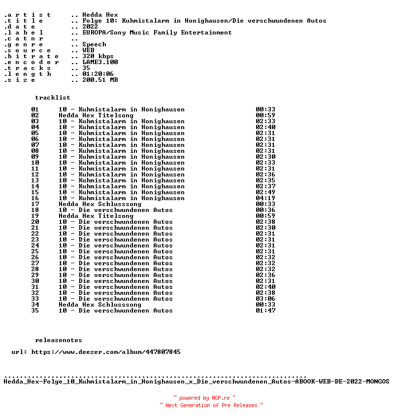 NFO for the release Hedda_Hex-Folge_10_Kuhmistalarm_in_Honighausen_x_Die_verschwundenen_Autos-ABOOK-WEB-DE-2022-MONGOS by MONGOS