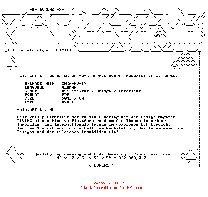 NFO for the release falstaff.LIVING.No.05-06.2026.GERMAN.HYBRID.MAGAZINE.eBook-LORENZ by LORENZ