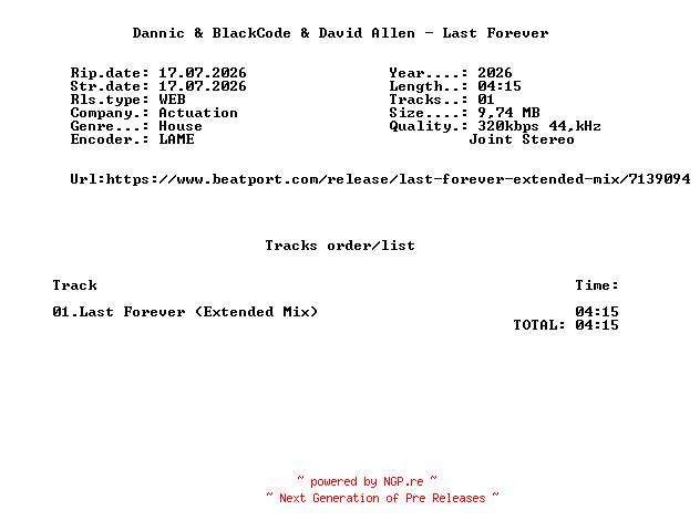 NFO for the release Dannic_And_BlackCode_And_David_Allen_-_Last_Forever-(ACT777)-SINGLE-WEB-2026-FMC by FMC