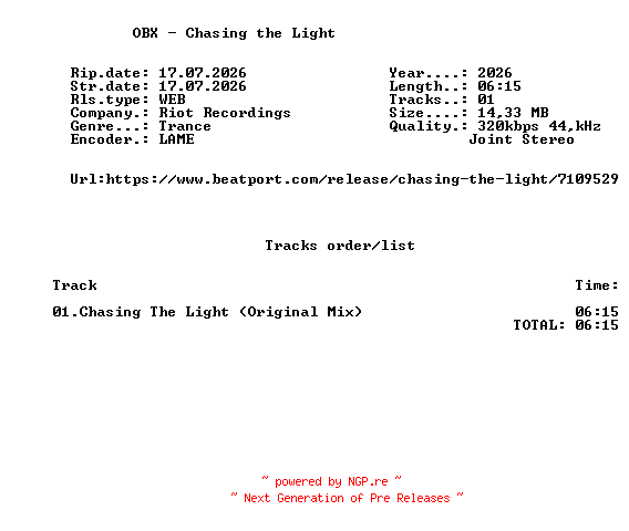 NFO for the release OBX_-_Chasing_The_Light-(RIOT250)-SINGLE-WEB-2026-FMC by FMC