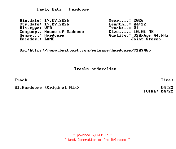 NFO for the release Pauly_Batz_-_Hardcore-(HOMAD031ALL)-SINGLE-WEB-2026-FMC by FMC