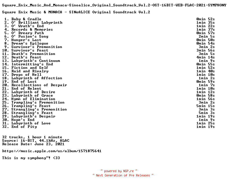 NFO for the release Square_Enix_Music_And_Monaca-Sinoalice_Original_Soundtrack_Vol.2-OST-16BIT-WEB-FLAC-2021-SYMPHONY by SYMPHONY