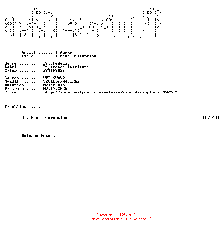 NFO for the release Awake-Mind_Disruption-(PSYINS025)-SINGLE-WEB-2026-FALCON by FALCON
