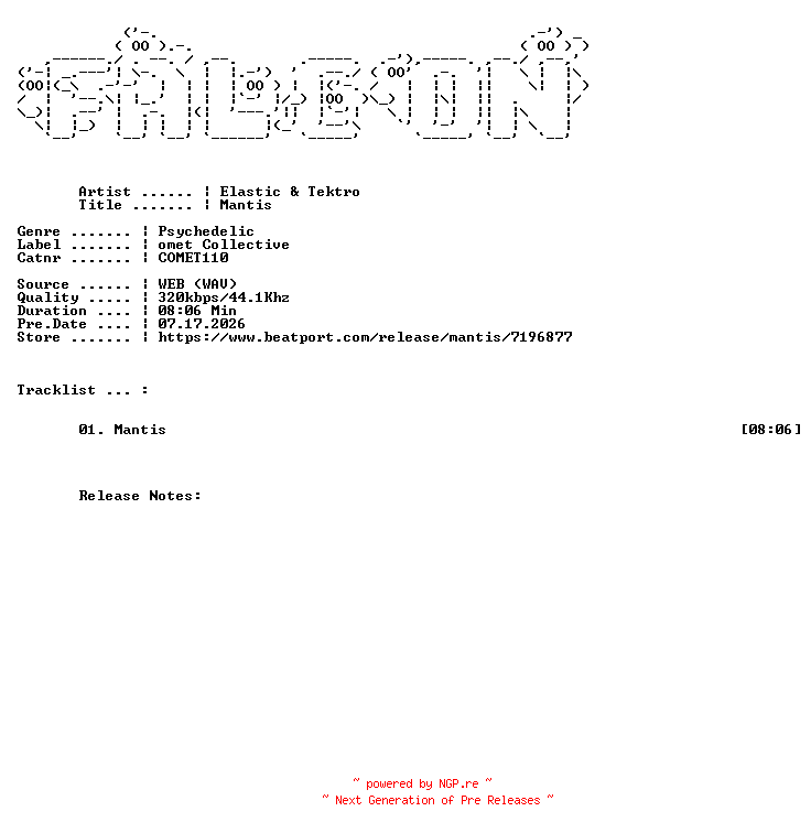NFO for the release Elastic_And_Tektro-Mantis-(COMET110)-SINGLE-WEB-2026-FALCON by FALCON