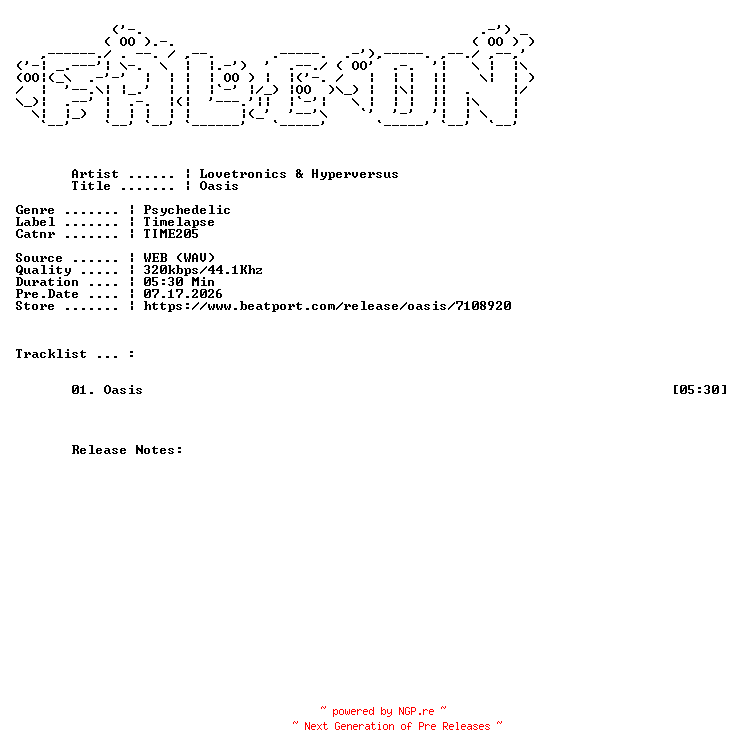 NFO for the release Lovetronics_And_Hyperversus-Oasis-(TIME205)-SINGLE-WEB-2026-FALCON by FALCON