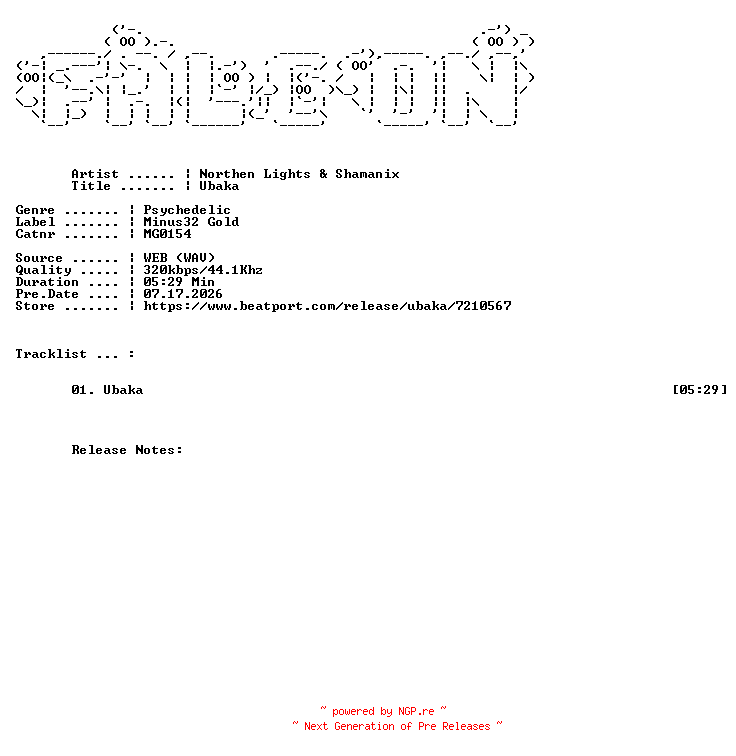 NFO for the release Northen_Lights_And_Shamanix-Ubaka-(MG0154)-SINGLE-WEB-2026-FALCON by FALCON