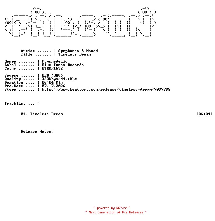NFO for the release Symphonix_And_Monod-Timeless_Dream-(BTRDR1632)-SINGLE-WEB-2026-FALCON by FALCON