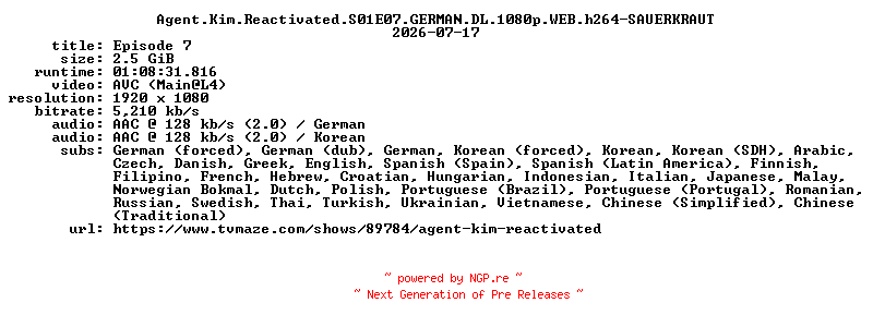 NFO for the release Agent.Kim.Reactivated.S01E07.GERMAN.DL.1080p.WEB.h264-SAUERKRAUT by SAUERKRAUT