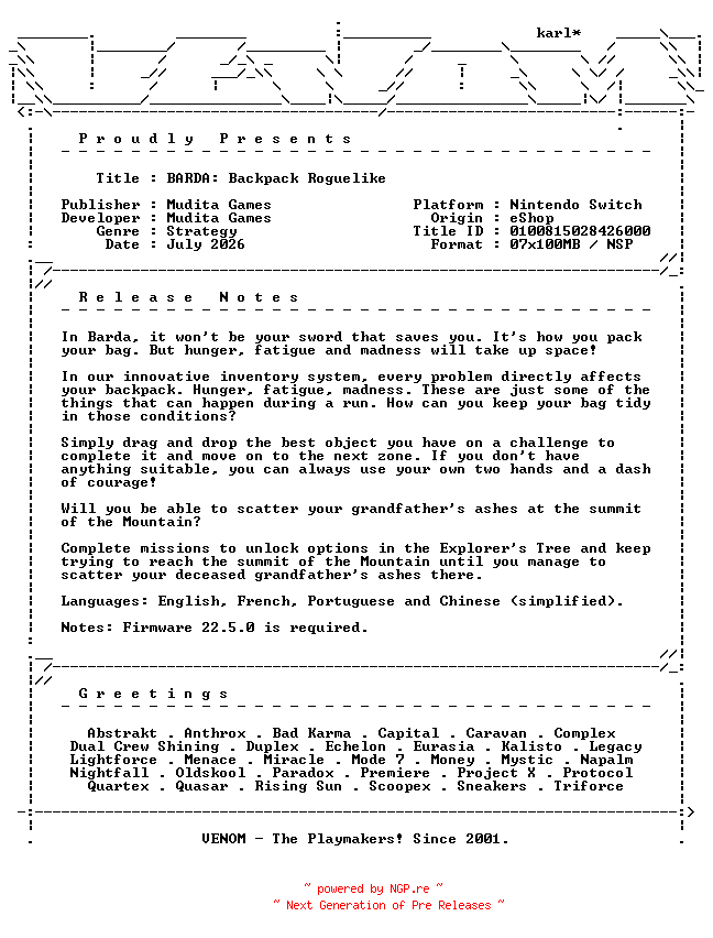 NFO for the release BARDA_Backpack_Roguelike_NSW-VENOM by VENOM