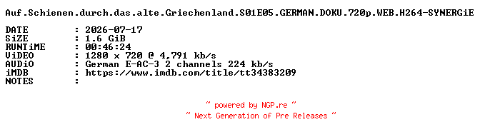 NFO for the release Auf.Schienen.durch.das.alte.Griechenland.S01E05.GERMAN.DOKU.720p.WEB.H264-SYNERGiE by SYNERGiE