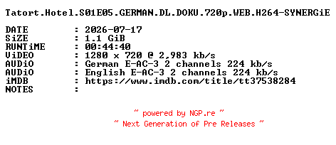NFO for the release Tatort.Hotel.S01E05.GERMAN.DL.DOKU.720p.WEB.H264-SYNERGiE by SYNERGiE