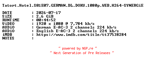 NFO for the release Tatort.Hotel.S01E07.GERMAN.DL.DOKU.1080p.WEB.H264-SYNERGiE by SYNERGiE