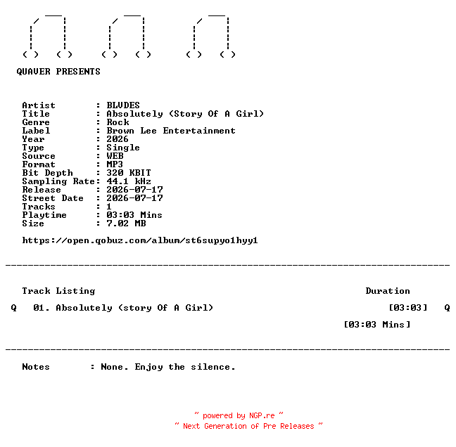 NFO for the release BLVDES-Absolutely_(Story_Of_A_Girl)-SINGLE-WEB-2026-QUAVER by QUAVER