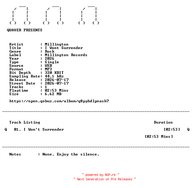 NFO for the release Millington-I_Wont_Surrender-SINGLE-WEB-2026-QUAVER by QUAVER