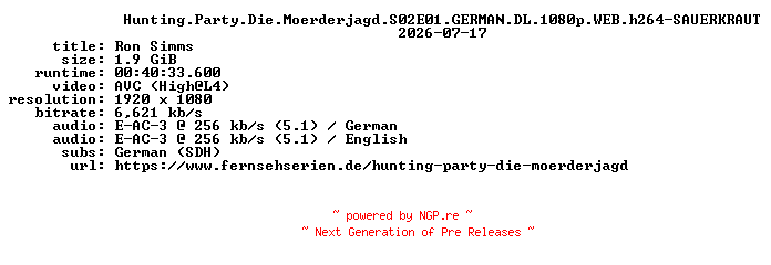 NFO for the release Hunting.Party.Die.Moerderjagd.S02E01.GERMAN.DL.1080p.WEB.h264-SAUERKRAUT by SAUERKRAUT