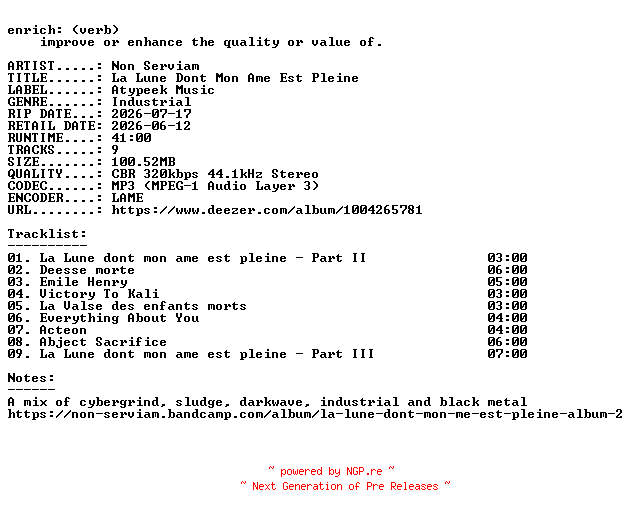 NFO for the release Non_Serviam-La_Lune_Dont_Mon_Ame_Est_Pleine-WEB-FR-2026-ENRiCH by ENRiCH